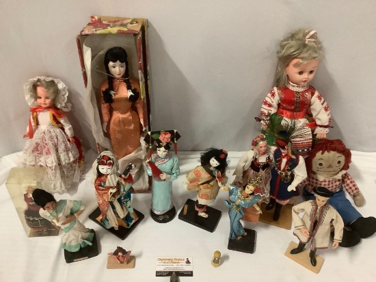 Lot of multi-cultural ethnic dolls; Ruth Hakansson -Sweden, Bombay Girl - India, Japan, Raggedy Andy