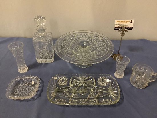 7 pc. lot of vintage crystal home decor; cake stand, serving tray, decanter, vases, creamer