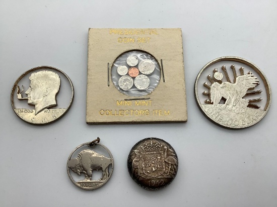 1977 Mini Mint coin set 3 laser cut coins 1965 Kennedy/ Buffalo nickel/1942 silver florin bottle cap