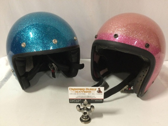 2 pc. lot vintage / retro motorcycle helmets; sparkle blue Harley Davidson size XL, sparkle pink