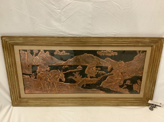 Vintage framed copper relief artwork of gold mining prospectors