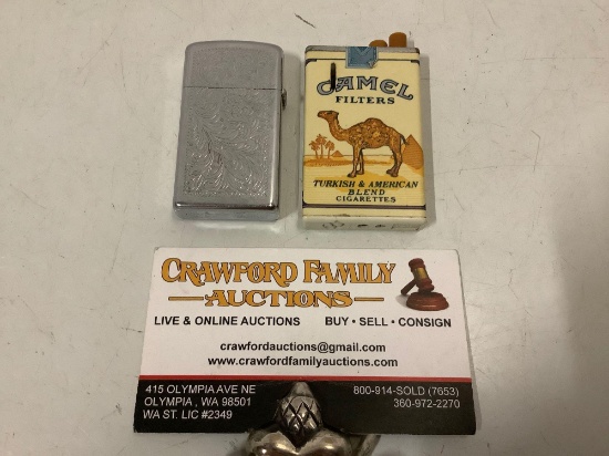 2 pc. lot of vintage cigarette lighters; ZIPPO Grandford, Camel filters pack shaped lighter, sold as