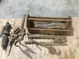 Vintage/antique wooden toolbox with vintage and antique tools see pics