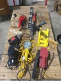 Nice selection of tools 2 sanders , drill, miter saw , drop light, levels, saws , car vac