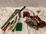Lot of tools: Milwaukee V28 Circular Saw w/ battery / charger, Tru Forge 26 in. saw, wire strippers,