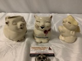 3 pc. lot of vintage animal shaped ceramic creamers / pitchers; Smiley, Puss n Boots, approx 6 x 4