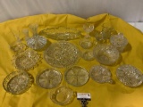 Lg. lot of crystal / thick glass table pieces; centerpiece vase, candy dish, serving plates, bowls