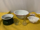 5 pc. Vintage lot; Pyrex milk glass mixing bowl, enamel bowl, Hall vase, Hoosier Glass vase,