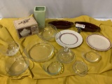 13 pc. lot of table pieces; Pyrex glass bowl/ pie pan/ lid, Fire-King bowl, Gravy Tureen in box