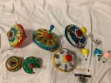 Lot of vintage tin tops spinning toys; Ohio Art, Walt Disney, Ten Little Indians, wood top -