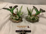 Pair of painted porcelain hummingbird candleholders, approx 6 x 3 in.