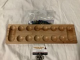 Mancala game w/ glass stones, approx 17 x 5.5 in.