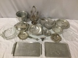 Lot of metal aluminum / glass home decor table pieces: Crystal cruet set, serving plates, ice bucket