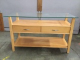Modern glass top buffet table with 2 drawers, approximately 48 x 21 x 28 in.