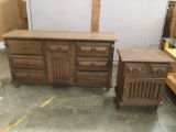 2 pc. lot of vintage wood dressers: 9-drawer lowboy, nightstand, approx 60 x 17 x 32 in.