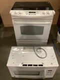 GE Profile range oven model no. JS900WK3WW and overhead Microwave oven. Sold as is.