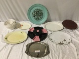 20 pc. lot of vintage/modern serving platters, kitchen bowls, pink / black chip n dip ceramic set.