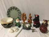 11 pc. ceramic home decor: Scottie dog cookie jar, gnome, Frog bowl, Owl, skull punch bow