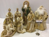 7 pc. lot of Father Christmas/ Nativity Scene Figures w/ fancy gold trim outfits, nice pieces.