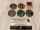 6 pc. lot of vintage MLB baseball collectibles; 5 metal caps, 1 mini trading card, approx 1 x 1 in.