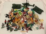 Lot of plastic army men toy figures, tanks, helicopter, horses, cowboys, indians, warriors, many