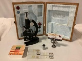 Vintage TASCO DELUXE microscope kit w/ wood case, slides, approx 9 x 11 x 5 in.
