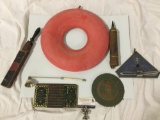 Lot of antique/vintage home items: 1863 Fowler?s Adding Machine, Carex hot water bottle, tie rack,