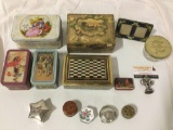 Lot if vintage tin boxes, make up jars, jewelry box, Kerr glass jar and more. INV 2203