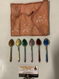 Set of 6 vintage 830 silver spoons w/ color enamel handle / base, shows wear, see pics.