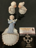 3 pc. lot of vintage ceramic figurines; pair of kissing children, Angel holy water stoup
