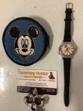 Vintage Walt Disney MICKEY MOUSE Lorus wrist watch w/ various flags design, plus coin pouch, approx