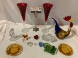 Lot of colored glass / crystal decor; art glass rooster sculpture, horse, automobile ashtray