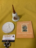 3 pc. lot of vintage Goebel M.I. Hummel collectibles; bell, book, collectors club member coaster