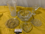 6 pc. lot of nice thick glass decor; Eagles Club vase / crystal bowl, heart dish w/ handle, floral