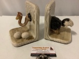 Vintage handpainted ceramic QQ ostrich bookends, made in Japan, approx 5 x 6 x 4 in.