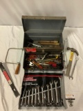 Vintage metal toolbox full of handtools, popular mechanics 11 piece metric combination wrench set,