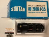 Vintage Suntar fully automatic macro zoom 35 mm camera lens, 80-200mm f/3.5 w/ box. Approx 11 x 6 x