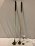 2 pc. lot of vintage Shakespeare wood golf clubs, Wondershaft, 1 & 4 woods, approx 45 x 4 in.