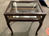 Vintage cabriolet leg wood display table with additional mirror, approx 22 x 17 x 23 in.