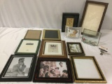 12 pc. lot of picture frames, many styles, custom glass, French curved Crystal frame, nice condition