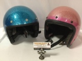 2 pc. lot vintage / retro motorcycle helmets; sparkle blue Harley Davidson size XL, sparkle pink