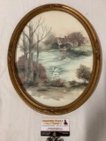 Vintage oval framed watercolor art print of a pond, approx 13 x 17 in.