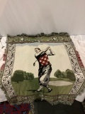 Woven golf blanket w/ fringe / golfer image, approx 72 x 47 in.