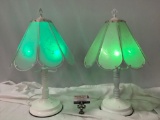 Pair of vintage white metal lamps w/ glass shades, tested/working, shows wear, approx 12 x 22 in.