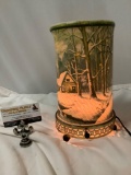 1957 Ecconolite Corp. winter scene lithograph lamp, tested/working, approx 6 x 11 in. Shows wear.