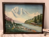 Vintage original canvas painting of Native American teepees along riverbank by Gladys Rhoades,