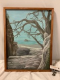 Vintage framed original canvas board ocean/ coastal scene painting by Gladys Rhoades