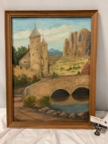 Vintage framed original canvas board desert castle painting by Gladys Rhoades