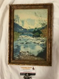 Vintage framed original canvas board nature scene mountain painting, approx 9.5 x 13.5 in.