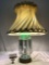 Antique Charles Star art glass lamp w/ crystal dangles and frilled shade, tested/working, sold as